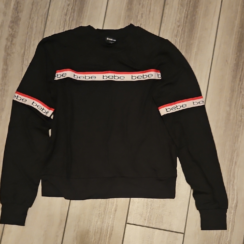 Bebe Black and Red Crewneck Sweater with Sporty Stripes
